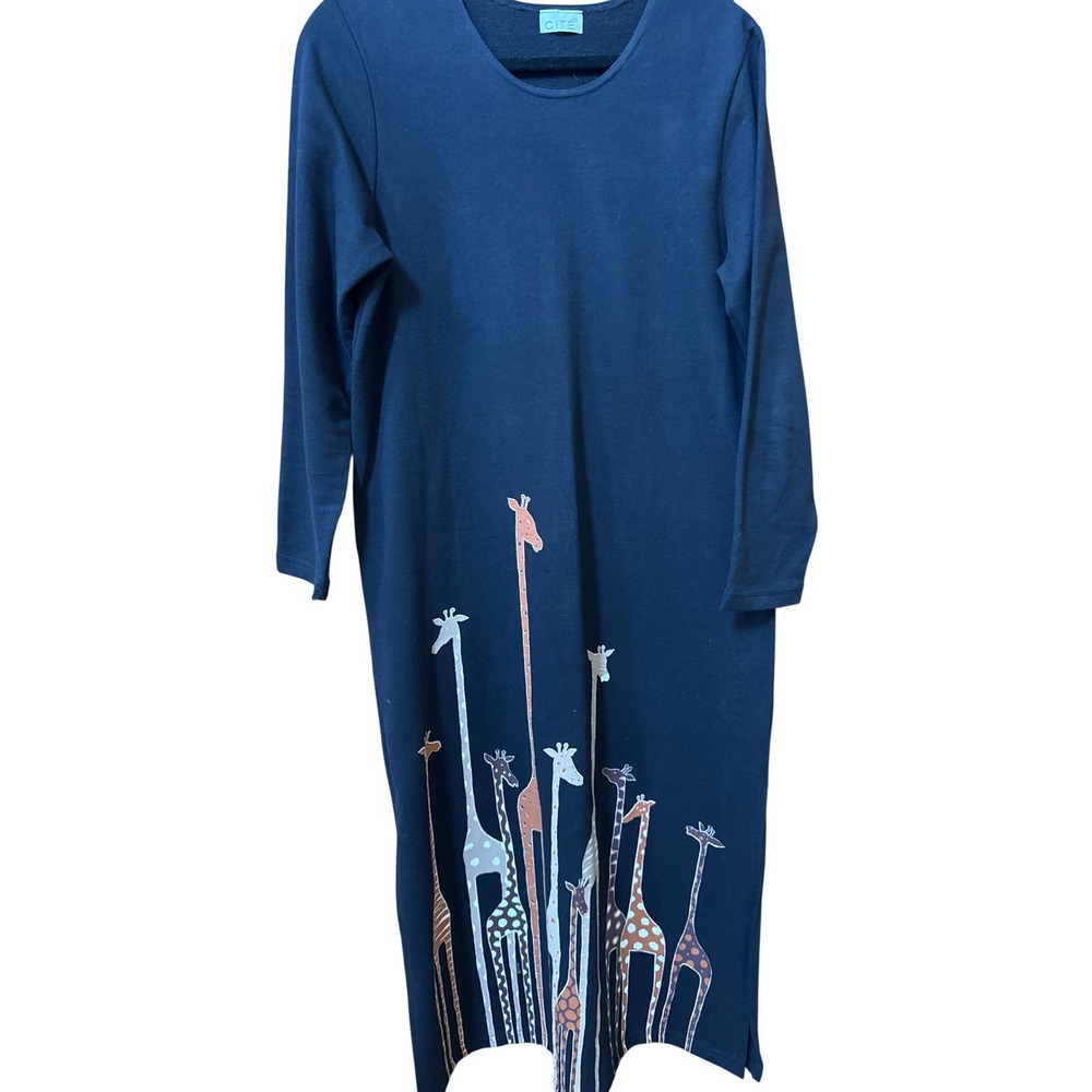 CITE Navy Blue Giraffe Graphic Print Long Sleeve Knit Midi Dress 2141